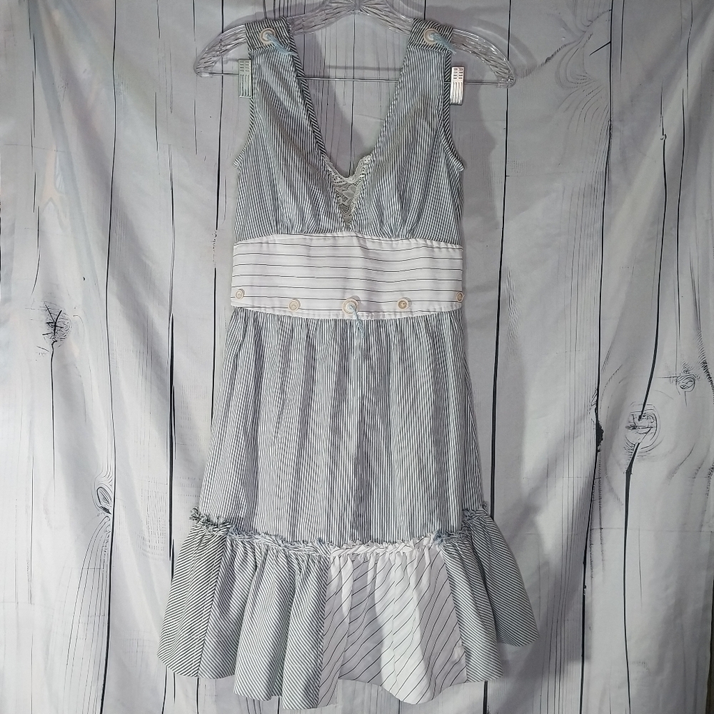 Mur Mur Sleeveless Boho V-Neck Striped 100% Cotton Ruffled Coastal Dress